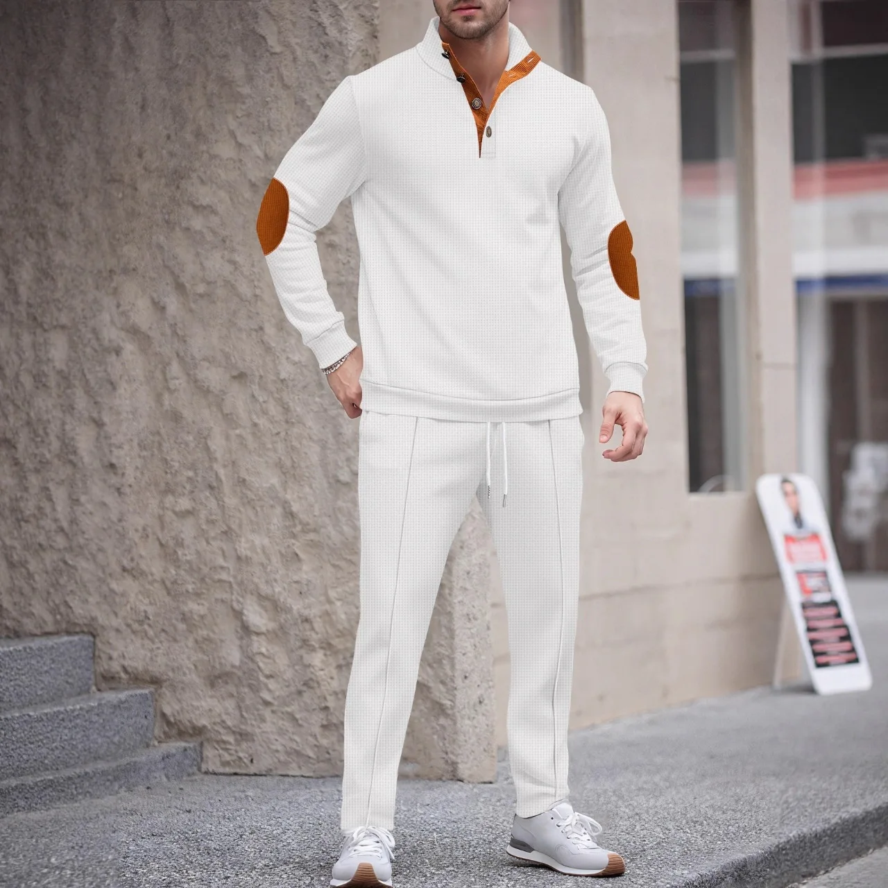 

Fashion New Men 2PCS Set Stand Collar Button Sweatshirt Color Block Elbow Patch Long Sleeve Top Pants Daily Casual Wear