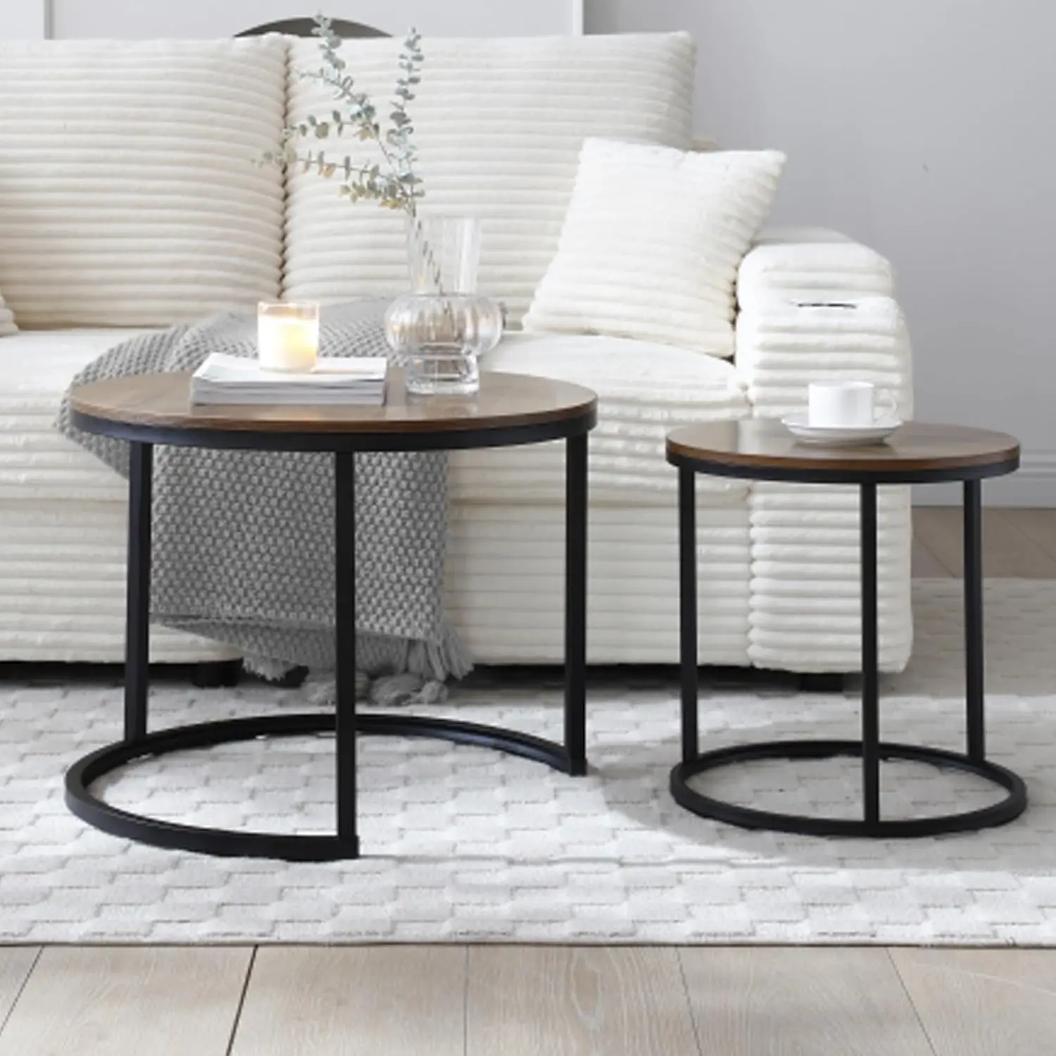 

Nesting Round Coffee Table Set Metal Frame Walnut Industrial Living Room Bedroom Nightstand Customized