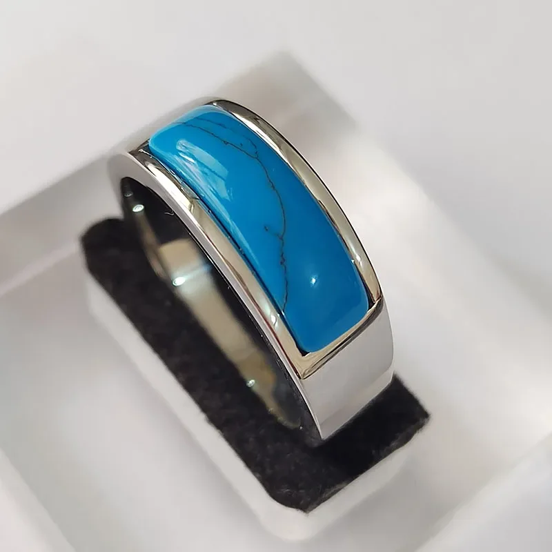 7 Colors 8mm Rings for Men Women Silver Color High Quality Stainless Steel Ring with Natural Turquoise Wedding Gifts for Guests