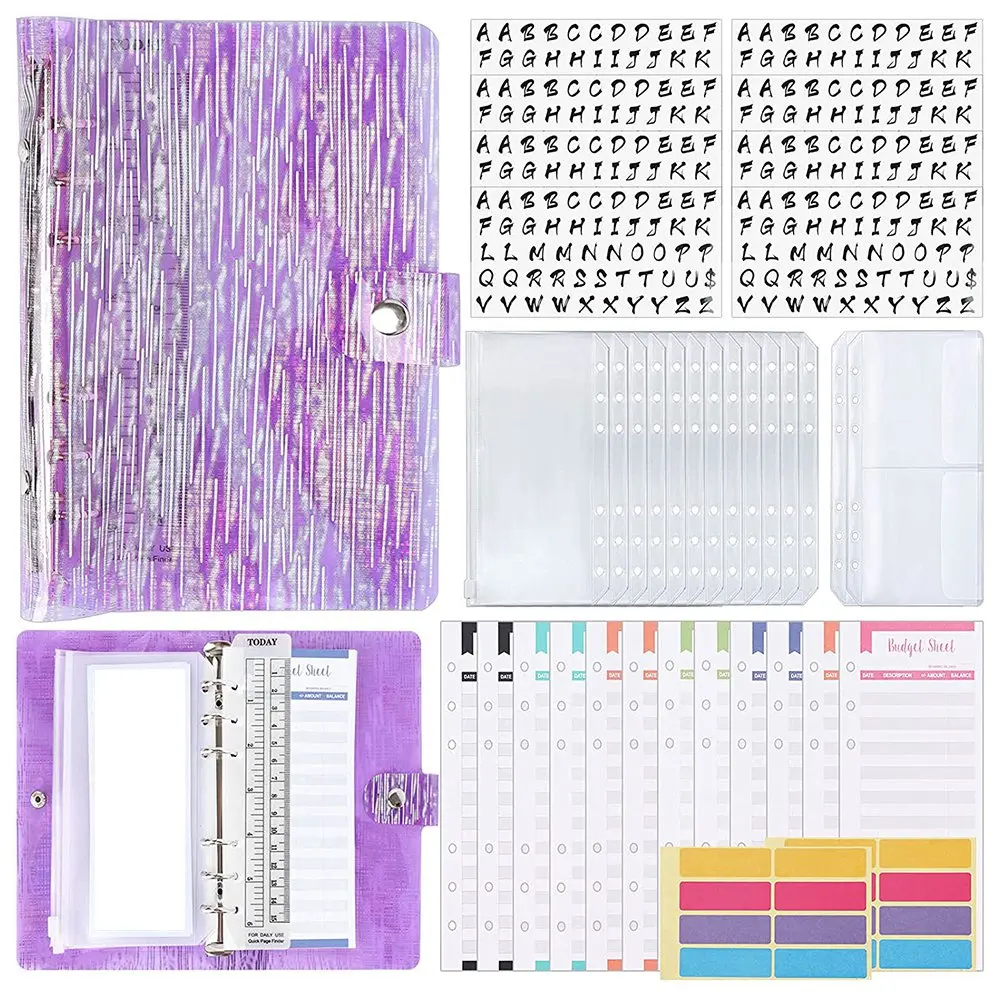 38ชิ้นอุปกรณ์จัดระเบียบงบประมาณระบบซองจดหมายเงินสดสติกเกอร์ตัวอักษรแผ่นงบประมาณกระเป๋าพีวีซี A6สำหรับนักวางแผนเงินสีม่วง