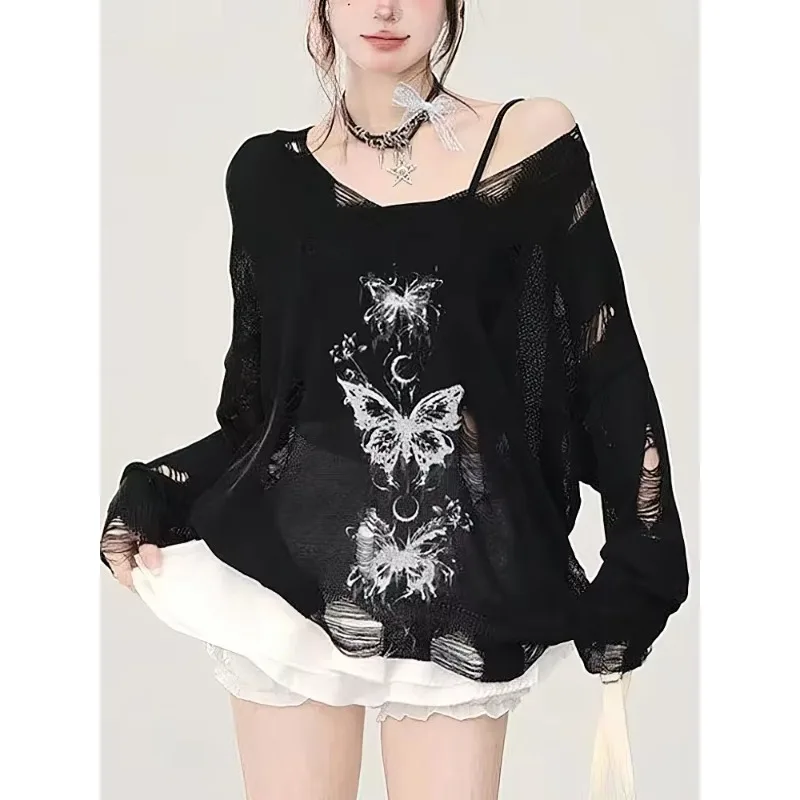 Y2k Hollow out Knit Oversize T shirt Women Long sleeve Off shoulder Top Sexy Basic Transparent Tees Baggy Vintage Ladies New