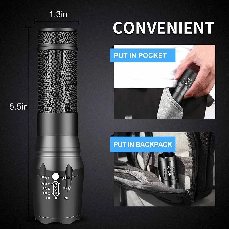 Skywolfeye 2Pcs Powerful LED Flashlights Outdoor Hiking Climbing Adventure Night Lighting Lamp Torches 5 Light Modes Zoom Lights