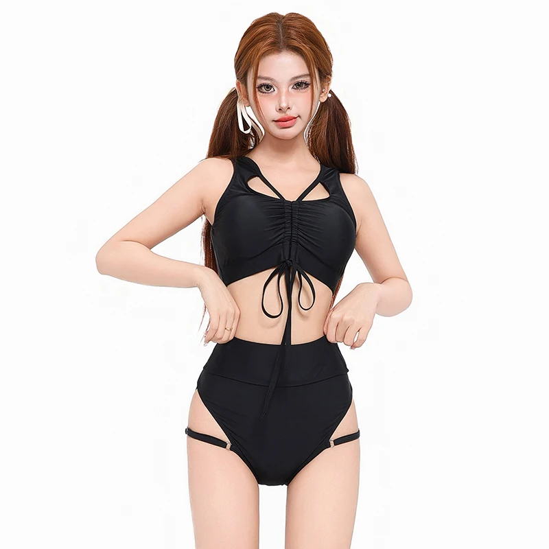 High Waisted Woman Clothing Bikini Set Padded Women Sexy 2 Piece Tie Front Shorts Swimsuits Black Bikinis Top Bottom Swimwear