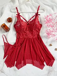 Transparent Red Sexy Lingerie Women's Underwear See Through Sleepwear Lace Nightdress And Panty Pijamas Sets Female Sexy Nighty