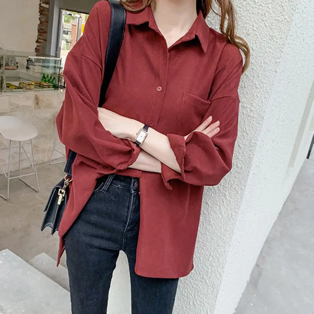 Lightweight Long-sleeve Blouse Stylish Women's Single-breasted Long Sleeve Cardigan with Patch Pocket Soft Casual Blouse for Ol