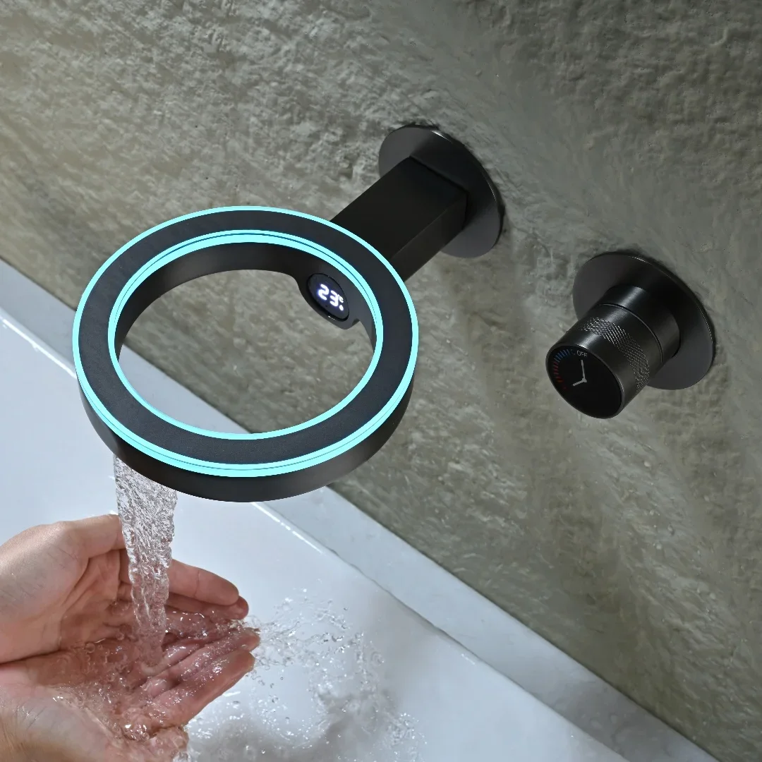 

Fashion Ring Concealed Bathroom Faucet Water Temperature Digital Display LED Luminous Edge Waterfall Spout Basin Faucet