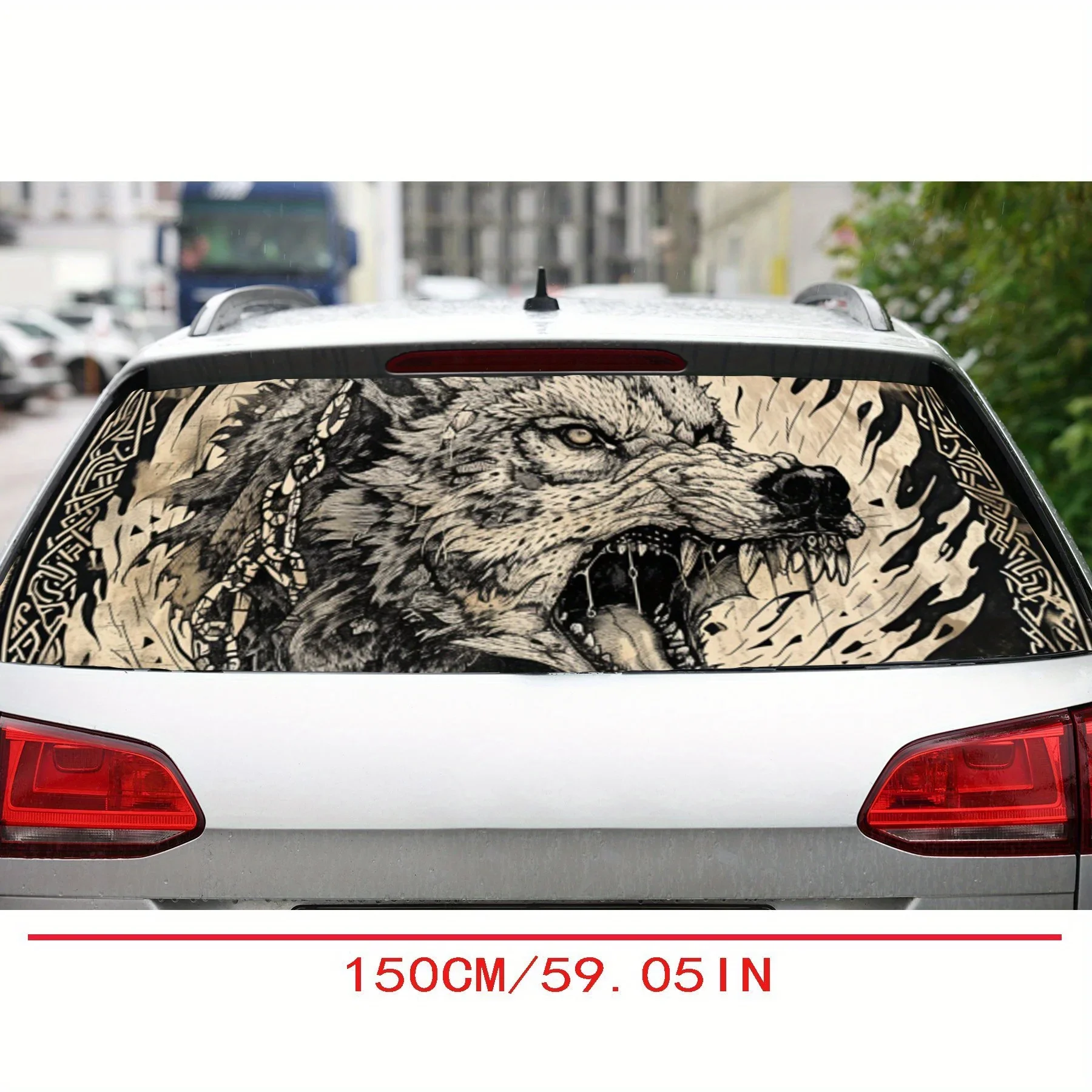 Battle Roar Wolf Spirit Print PVC Perforated Car Vinyl Wraps, Durable Car Rear Windshield Sticker, Waterproof Car Rear Window De