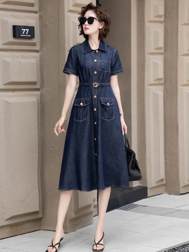 Novo Mulheres Verão Vestido jeans fino Moda Gola virada para baixo Peito único Cintura fina Vestido longo Simplicidade Casual Vestido de camisa