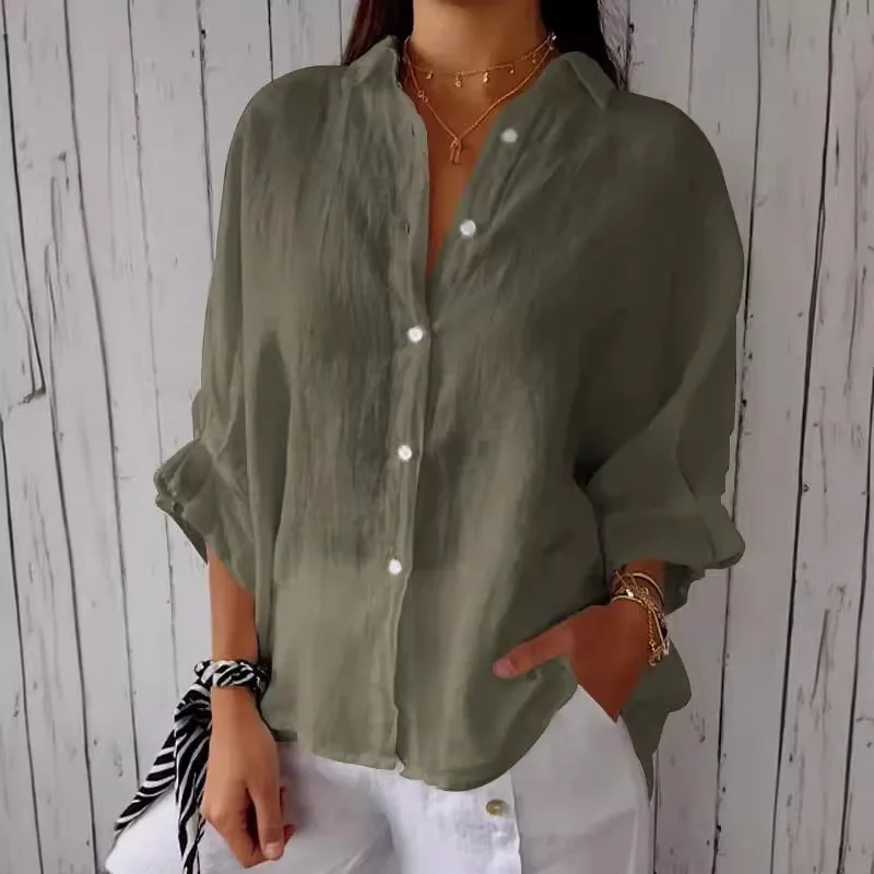 Summer Casual Cotton Linen Button Shirt Women Fashion Loose Solid Lapel Cotton Office Linen Shirt Women Top Retro 2025 White