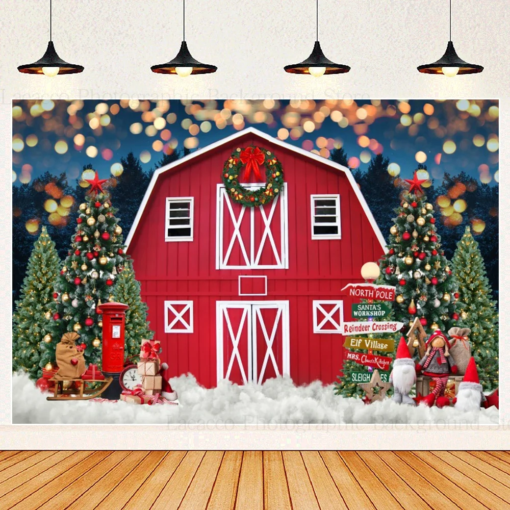 

Christmas Red Barn Door Background Snowflake Wooden Door Wreath Christmas Tree Xmas Family Gathering Photo Backdrop Photo Props