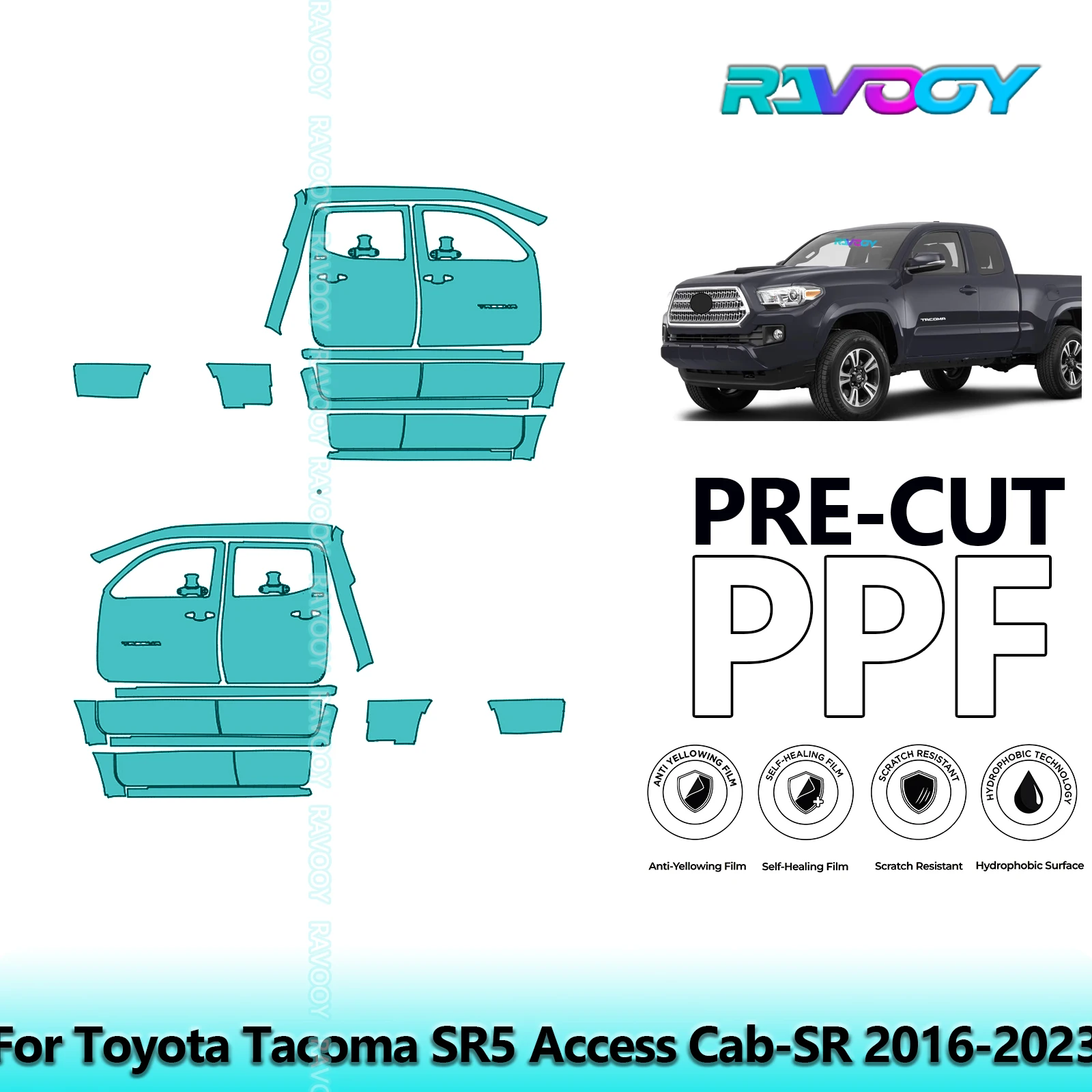 

For Toyota Tacoma SR5 Access Cab-SR 2016-2023 8.5mil Clear Matte Pre-Cut PPF Door & A/B Pillar Kit TPU Paint Protection Film Set