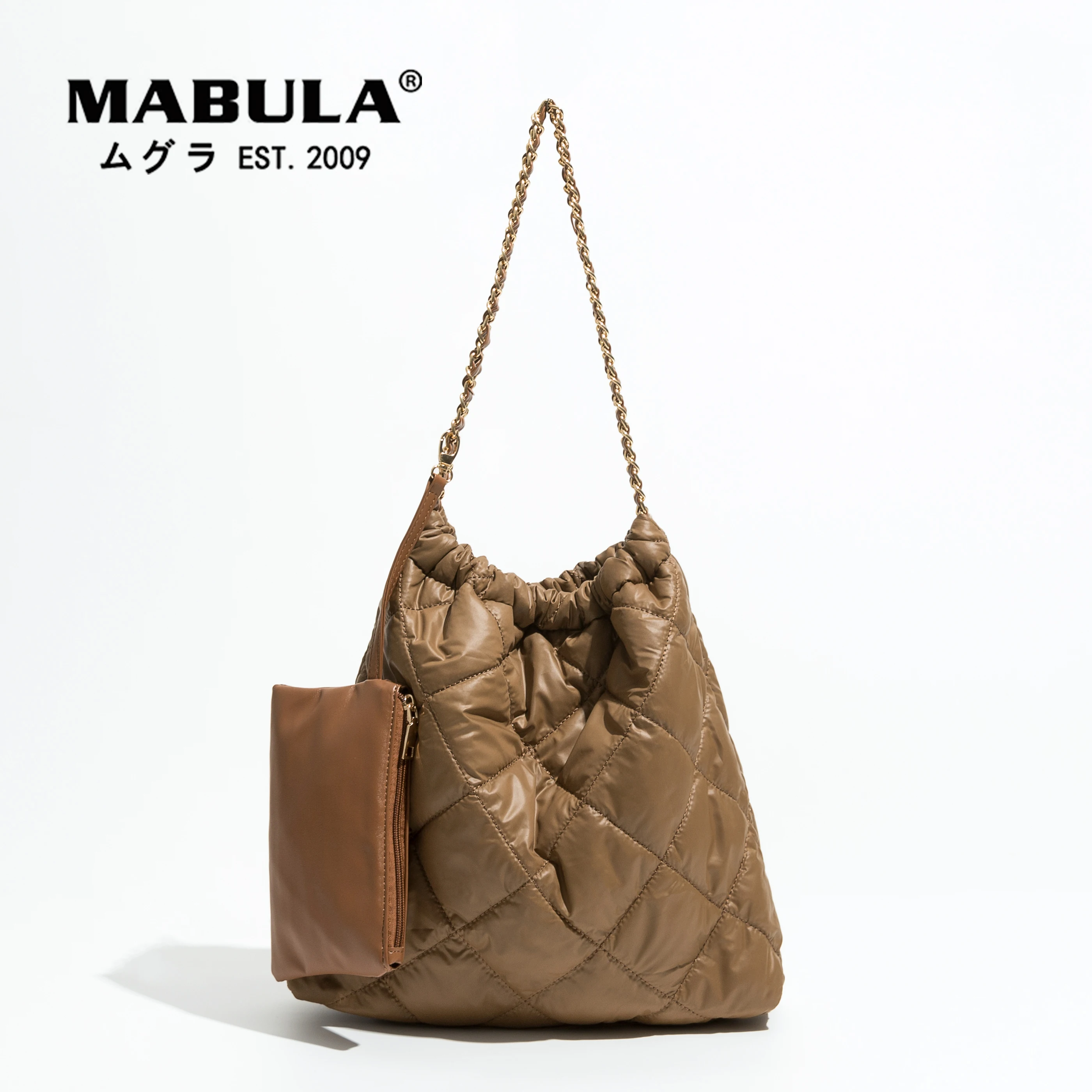 MABULA Plaited Chain Square Nylon Padded Hobo Bag  Set Designer Luxury Quilted Shoulder Purse Puffer Shopper Handbags for Women