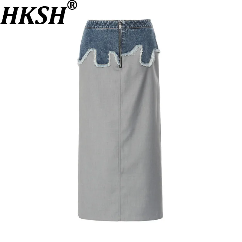 HKSH Women Chic Skirt Asymmetric Distressed Denim Patchwork Color Block Versatile Casual Straight Skirts New Spring 2026 HK19442