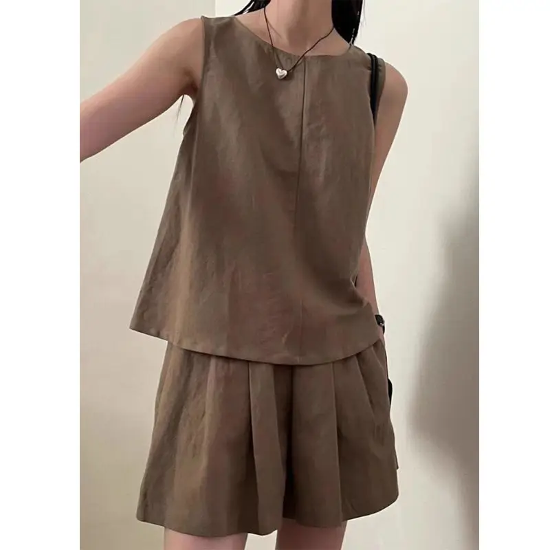 Women Summer Cotton and linen Simplicity Solid color O-neck sleeveless tank top Ladies Casual Appear thin wide leg Two piece set