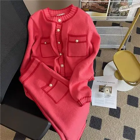 KUSAHIKI 2023 Spring Elegant Knitted Two Pieces Sets Long Sleeve O-neck Sweater Cardigan Coat + High Waist Slim Skirt Women