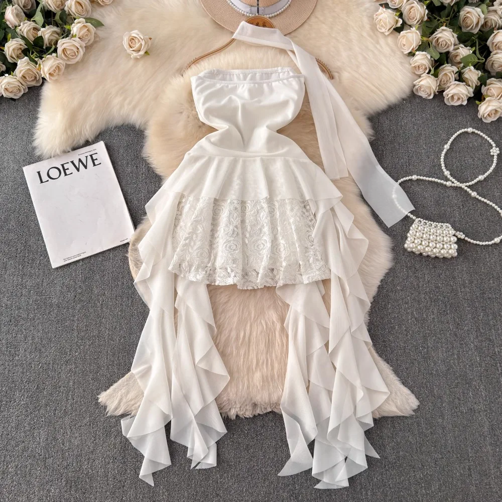 Foamlina French Style White Strapless Dress Women Summer Lace Irregular Flanged Ribbon Design Girl\'s Holiday Shopping Dresses