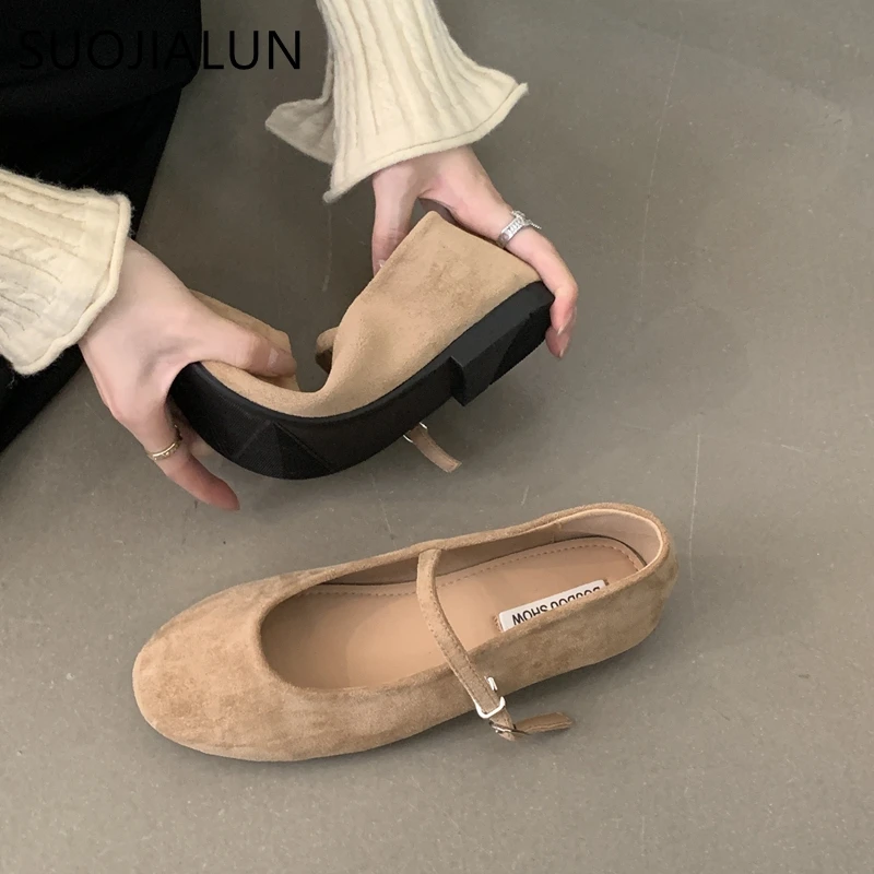 SUOJIALUN Autumn Women Flat Shoes Fashion Candy Color Ladies Round Toe Mary Jane Shoes Soft Sole Shallow Slip On Ballerinas Shoe