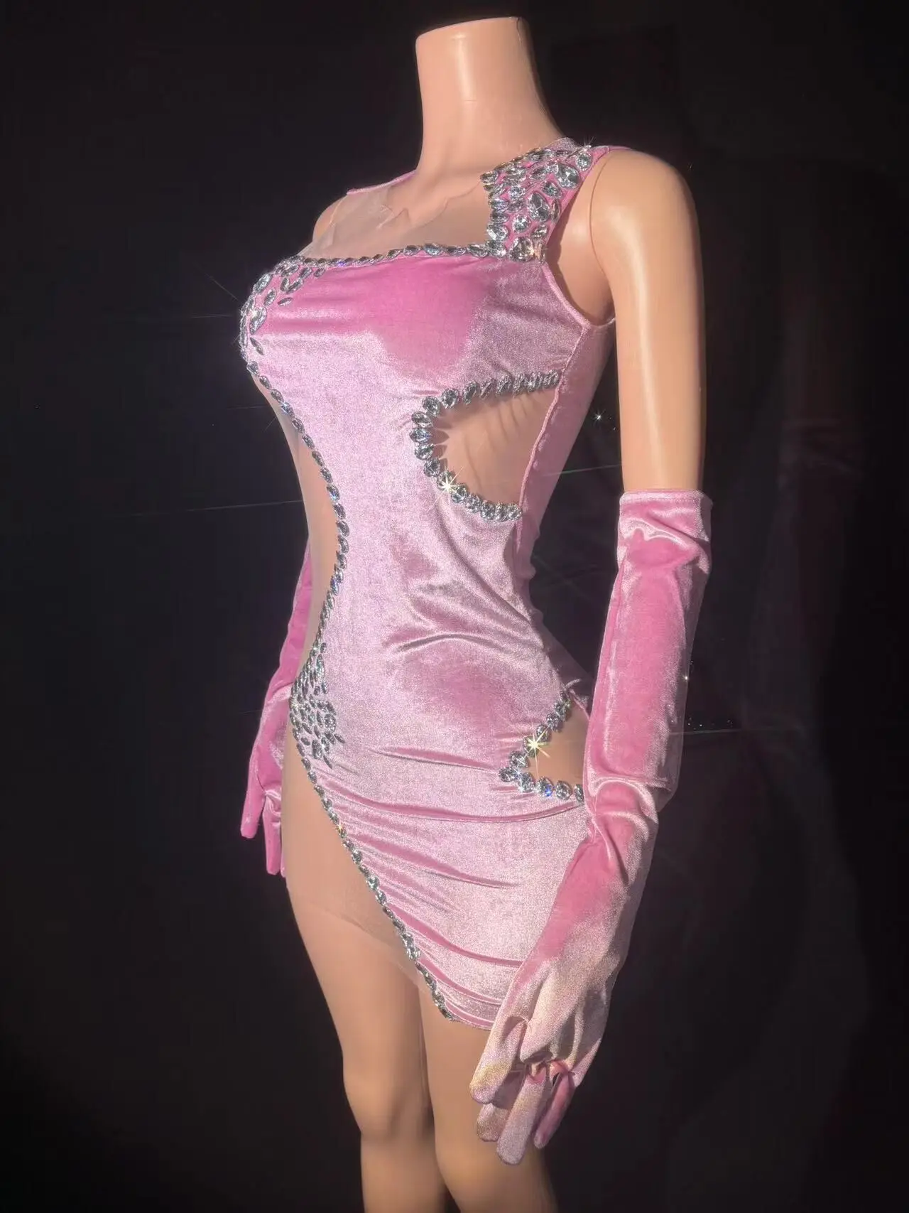 Mini robe fourreau transparente avec biscuits en velours rose, tenue de scène personnalisée, robe de soirée d'anniversaire, tenue de soirée sexy, discothèque, performance