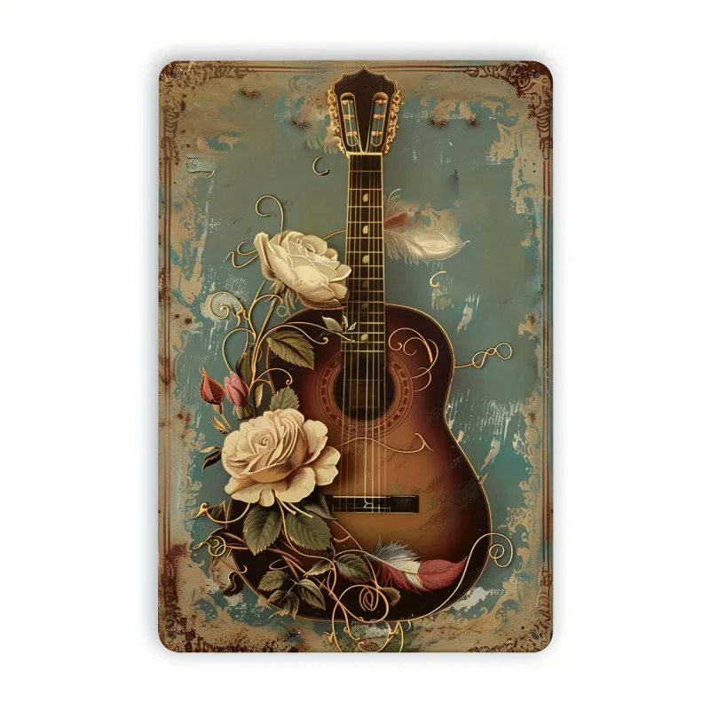 Vintage Guitar with Rose Tin Painting 8x12 Inch Vintage Music Wall Decoration Suitable for Home Cafe Bar or Studio