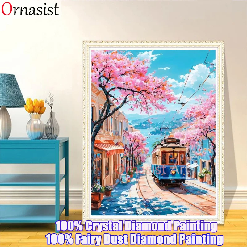 

100% DIY Fairy Dust Drill Cherry blossoms Diamond Painting Kit Sakura Full Square Crystal Mosaic Embroidery Art Train Wall Decor