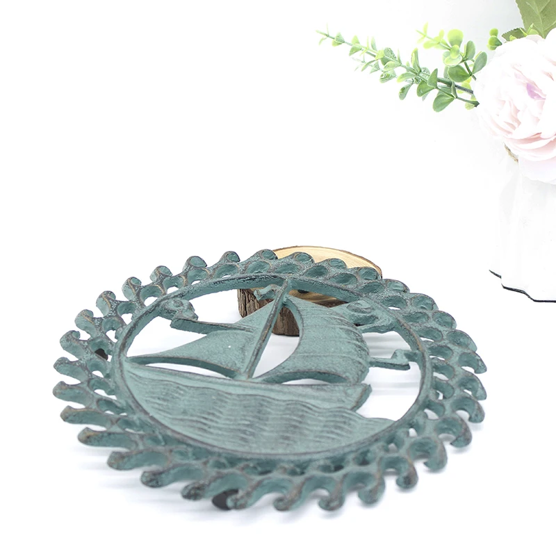 

Hot Plate Cast Iron Trivets Heavy Duty Rustic Metal Hot Pot Pads Vintage cooler Ocean sail blue dish stand Dining Table decor