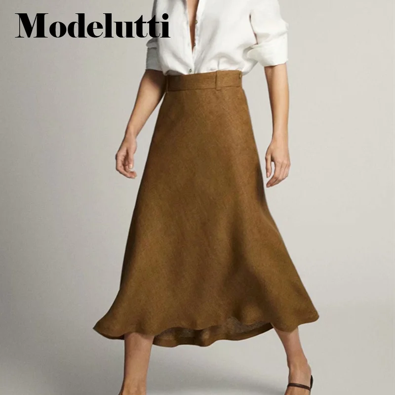 Spring 2023 New Summer Fashion High Waist Linen Midi Skirt Women Solid Color Simple All-match Casual Bottoms Female