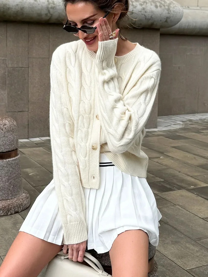 

Casual Apricot Knitted Cardigans Leisure Long Sleeved Single Breasted Round Neck Sweater Coats Daily Commuting Office Cardigans