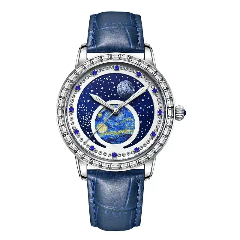 Luxury men\'s quartz watch, waterproof luminous oil painting starry sky dial, multifunctional watch