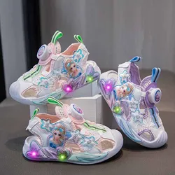 Summer New Girl's Cartoon Elsa Princess Sandals with Rotating Button Sports Sandals Led Light Luminescent Protecting Toe Shoes