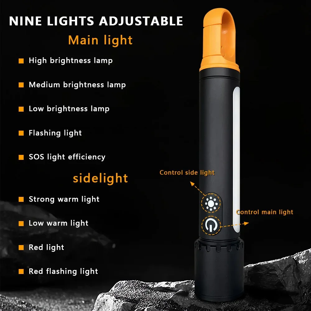 3500mAh Zoomable LED Flashlights High Lumens USB Rechargeable Portable Tactical Laser Torch 9Lighting Modes Emergency Work Light