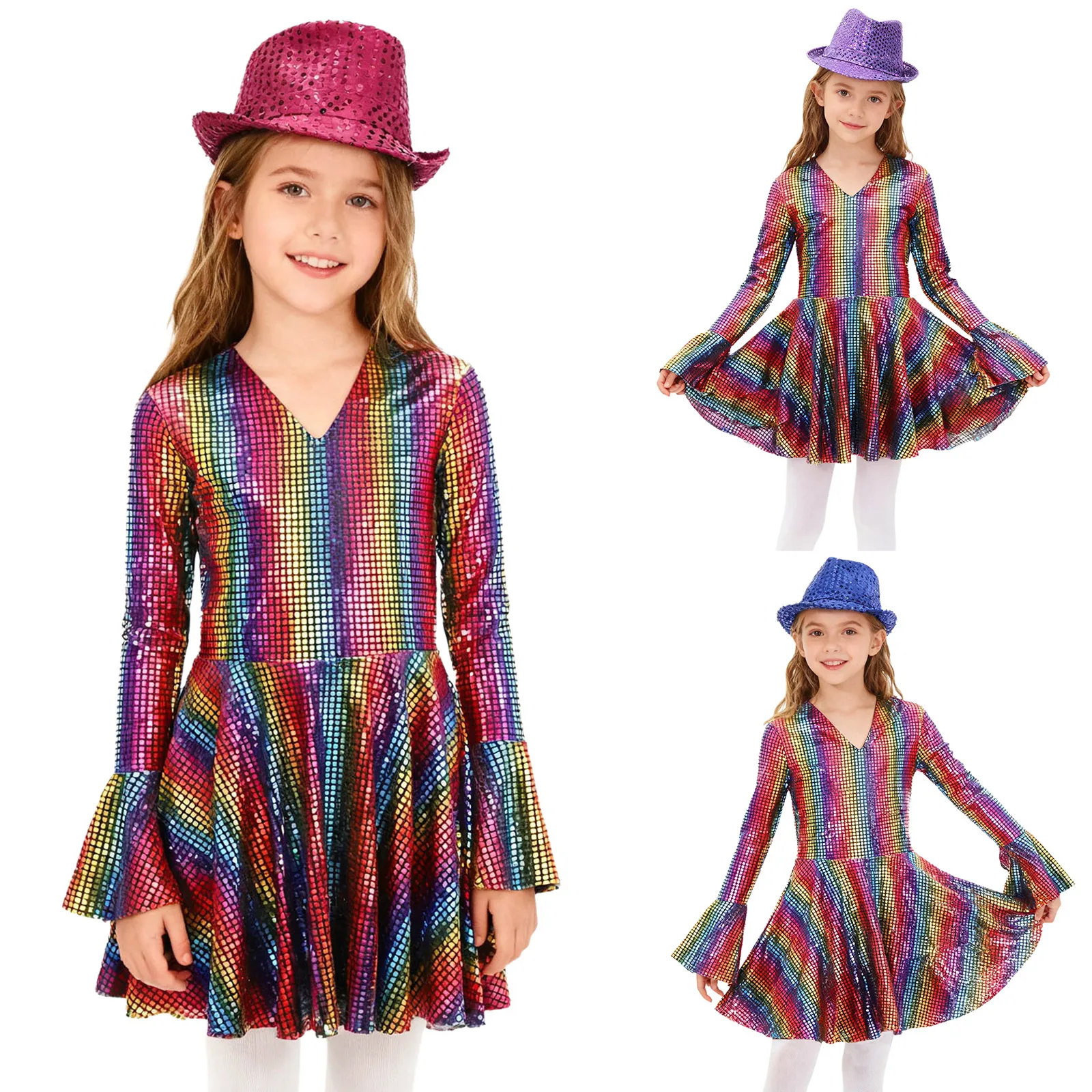 男の子 女の子 70年代 ディスコ ジャズ ダンス衣装 メタリック シャイニー Tシャツ/ドレス スパンコール付き フェドーラハット カーニバル パーティー ヒッピー ストリートウェア