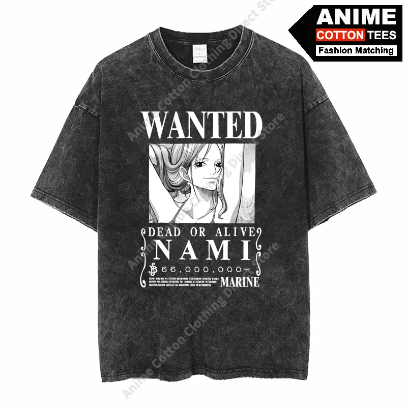 

Anime ONE PIECE - WANTED Nami Close-up Print T Shirt y2k Harajuku Casual Men Women Short Sleeve Cotton Washed Vintage Loose Tees