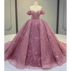 Customized New Luxury Quinceanera Dresses Sequined Beads Short Sleeve Sweetheart Tulle Sweep Train Formal Ball Gowns Robe De Bal