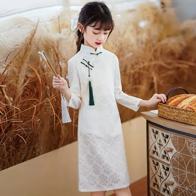 

Chinese Traditional Dress Tang Suit Cheongsam Qipao for Girls Party Costumes New Year Clothes Princess Kids Lace Dress