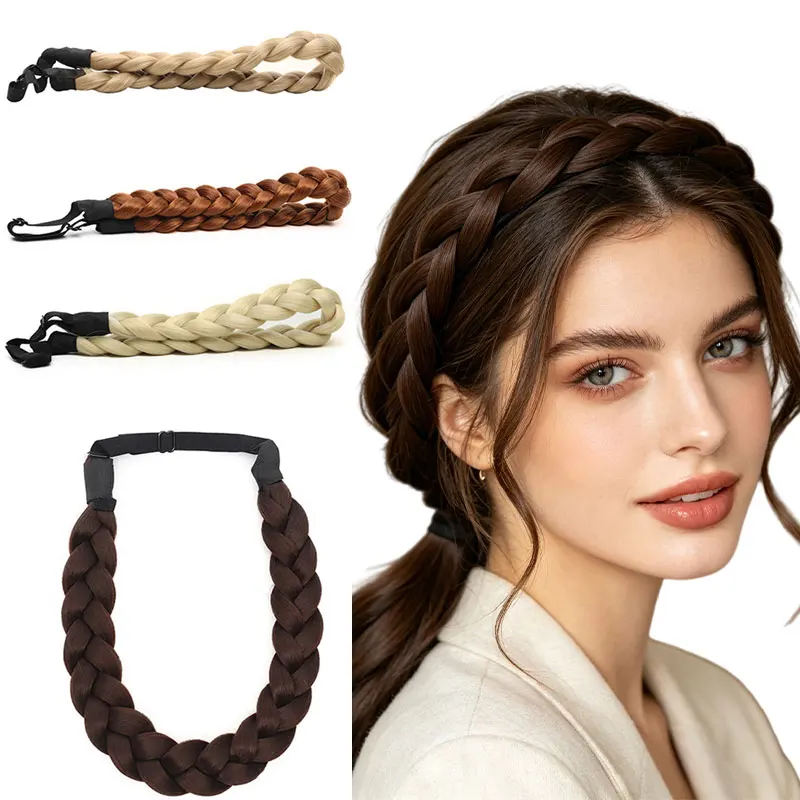 40cm Women's Braided Hairband Wig, Three-Strand Synthetic Hair Braided Hairband with Elastic Band, Natural and Realistic Bohemian Style Hair Accessory for Daily Wear Suitable for Daily Use, Dates, Parties, Photography, and Other Occasions.