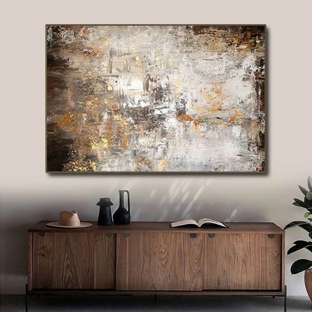 Handmade Oil Paintings Golden Foil Texture Abstract Landscape Wall Artwork Nodic Canvas Oil Paintings for Living Room Home Decor