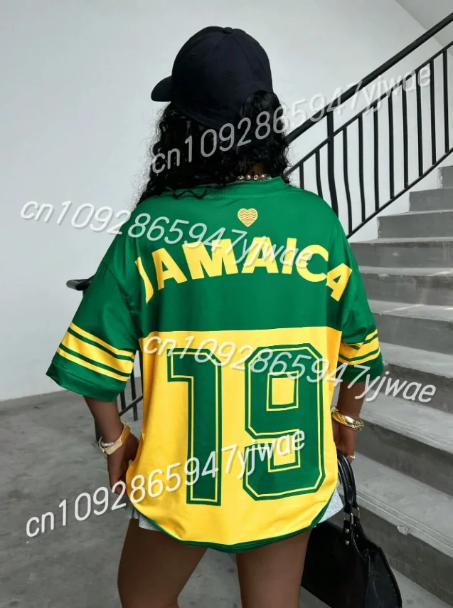 المرأة جامايكا طباعة الخامس الرقبة قصيرة الأكمام ثقب تي شيرت الصيف الجرافيك المحملة البيسبول الفانيلة حجم كبير تي شيرت رياضي