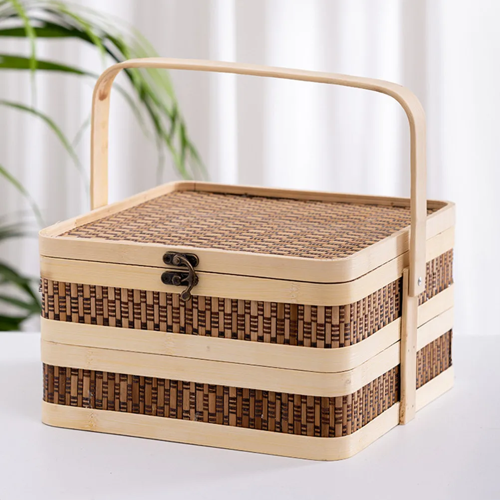 

Handwoven Double Layer Bamboo Basket Portable Storage Basket Fruit Bread Snacks Organizer for Home Picnic Decoration