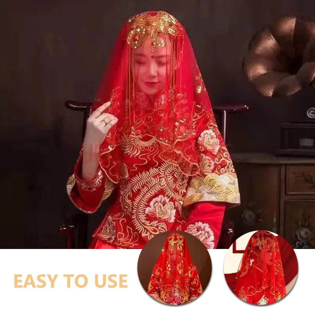 Wedding Red Hijab Bridal Veil for Decorate Chinese Lace Headcloth Comfortable Classical Headpiece Mantilla