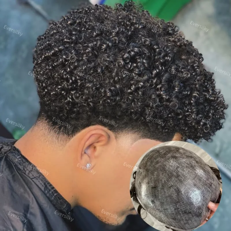 

Full pu base 0.1mm ultra thin skin men toupee 15mm Afro Curly male wig #1b#1b65#1b80 white gray black Human Hair Prosthesis wig