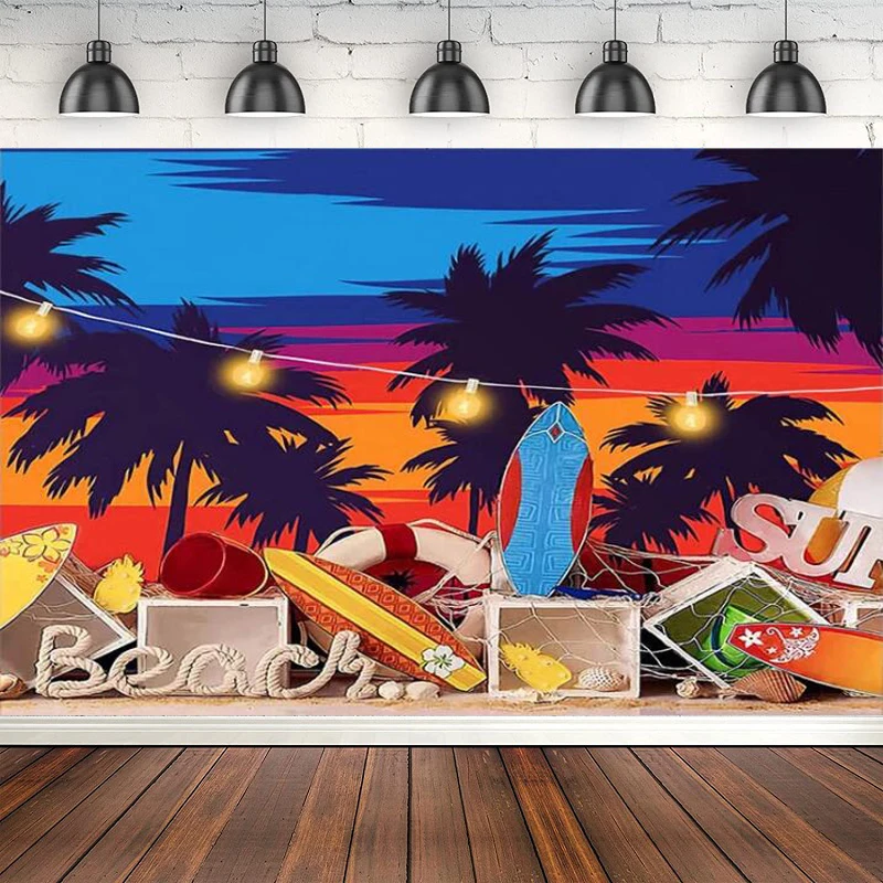 

Photography Backdrop Summer Beach Seaside Surfboard Palm Trees Boy Birthday Cake Smash Decor Background Poster Photo Studio