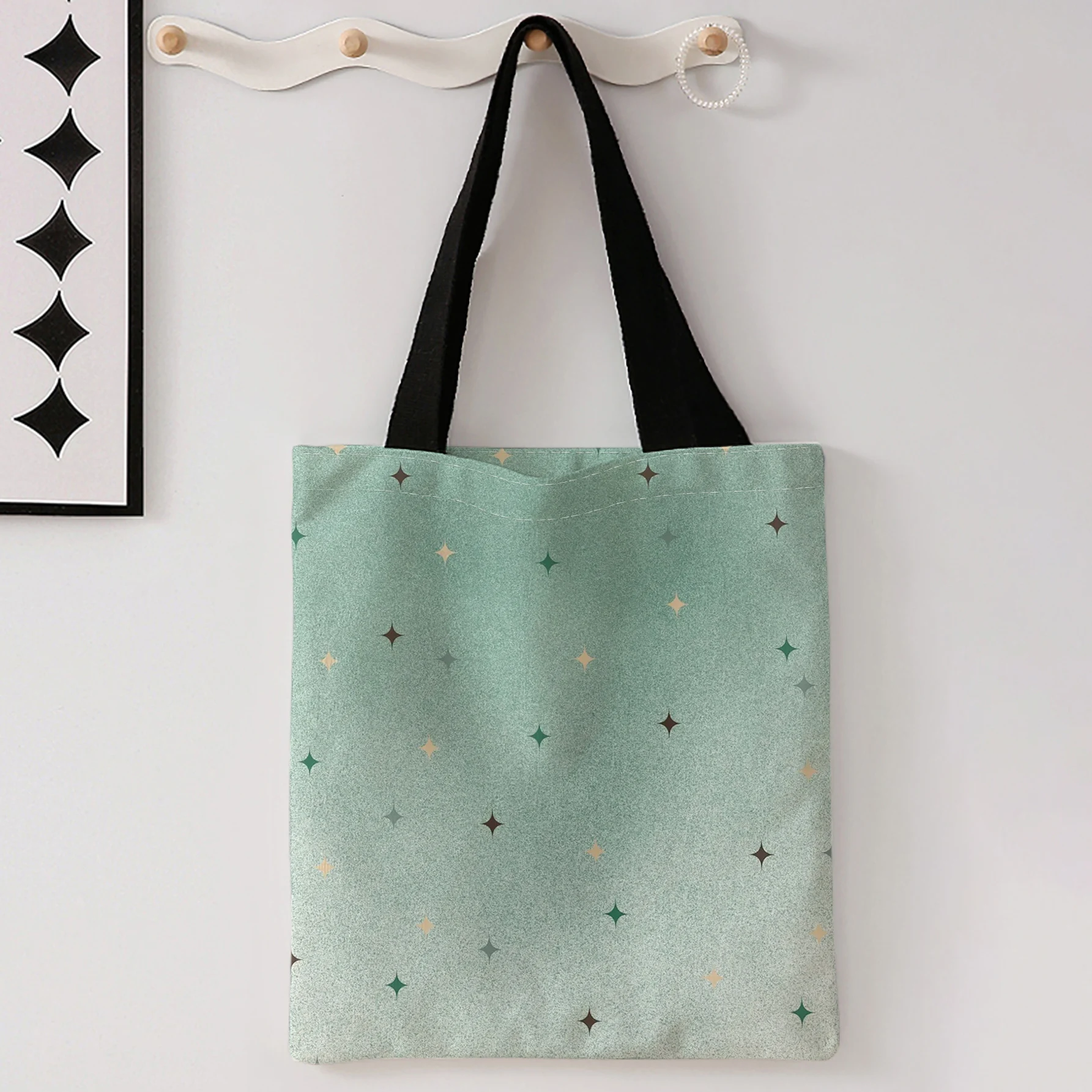 Gradient Mint Green Four-pointed Star All Over Print Tote Bag With Black Shoulder Straps For Shopping And Daily Use