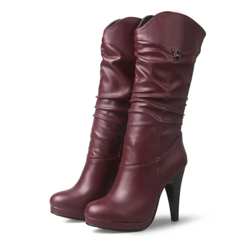 Size 32-52 Fashion Women Boots High Heel Ladies Shoes Spring Autumn Winter Round Toe Long Leather Boots Zapatos De Mujer 10-5