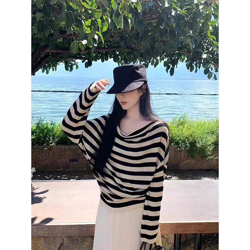 

MosesQueen Korean Sle Lazy Loose Knitted Sweater ort Design Sensation Swing Ne Long Sve Autumn Faion Women Top