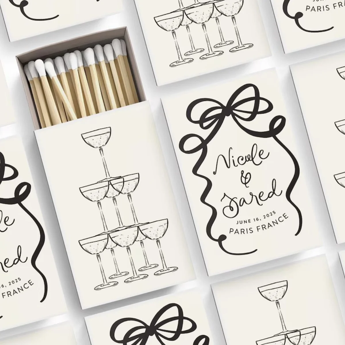 

Ribbon and Bow Wedding Matches - Hand Drawn Champagne and Bows - Champagne Tower - SET OF 50 BULK - Personalized - Cigar Bar Mat