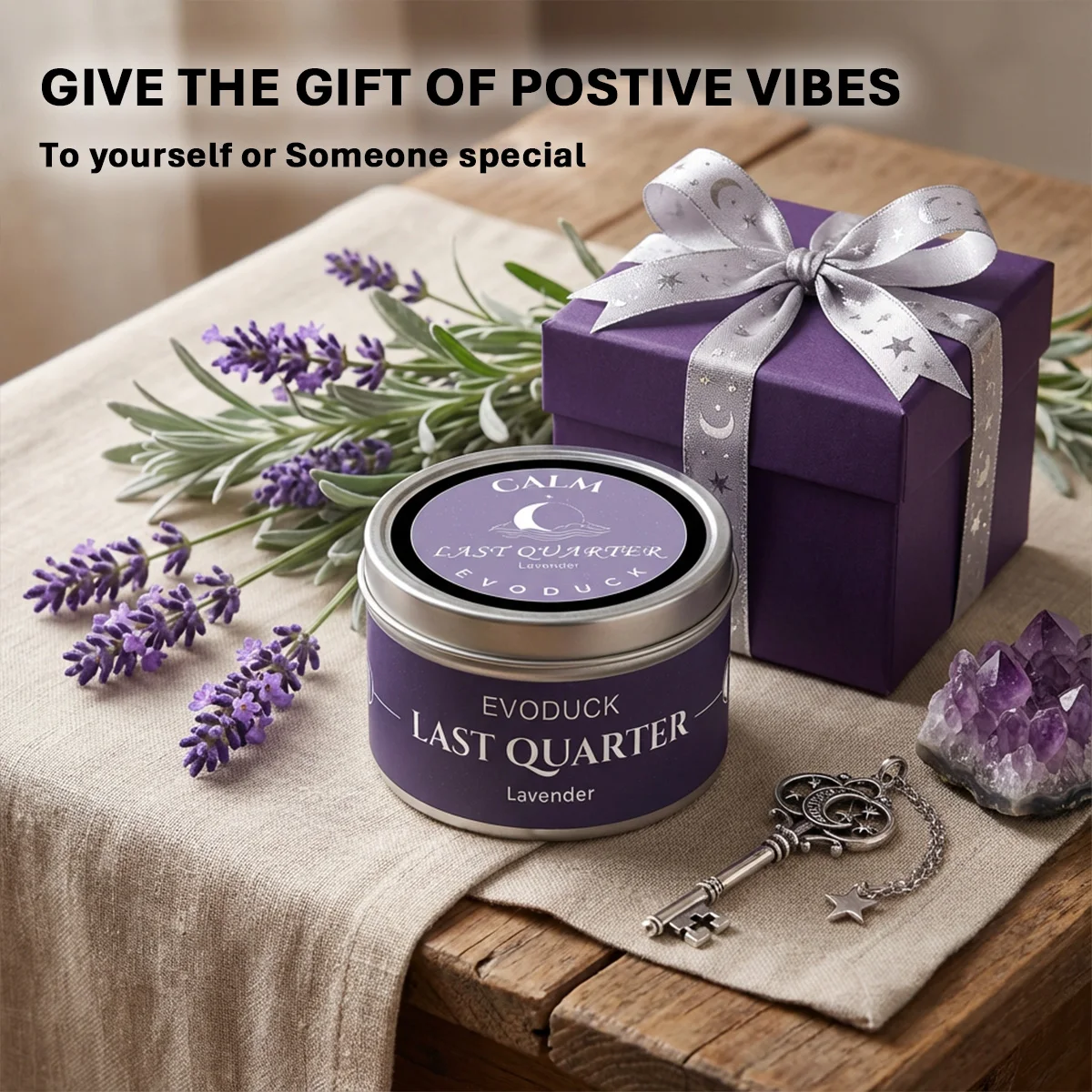Vela Aromática Luna Creciente de Cera de Soja con Aroma a Lavanda, en Lata Plateada con Cristales Morados, Regalo para Mejores Amigas, Regalo para Mujer