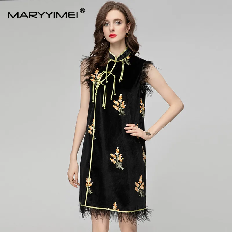 

MARYYIMEI Fashion Runway Designer Women's National Style Cheongsam Sleeveless Dial Buckle Positioning Embroidered Feather Dress