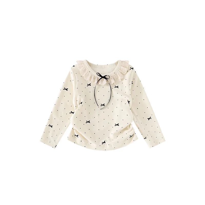 Lace Collar Dot Bow Print Girls T-Shirt Spring Autumn Korean Style Sweet Long Sleeve Wrinkled Tees Baby Girls Versatile Tops