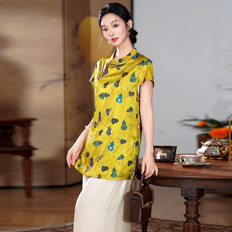 بلوزة نسائية صينية خفيفة الوزن - قميص بأكمام قصيرة وطبعة زهور عتيقة، قميص صيفي مريح وجيد التهوية