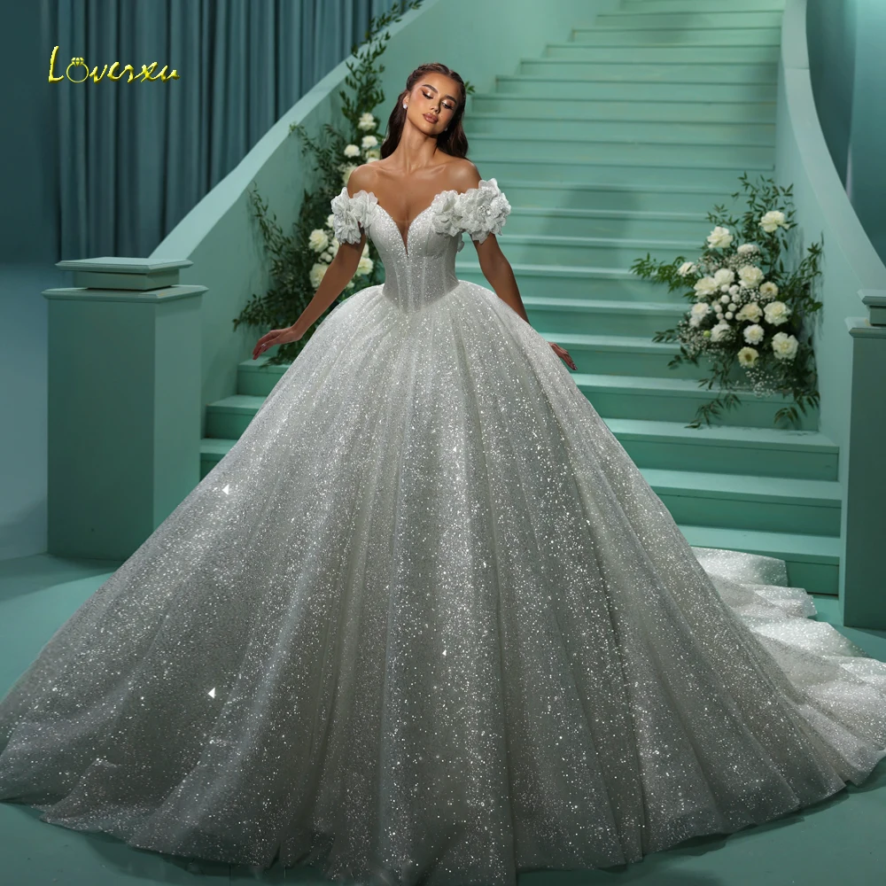 Loverxu A-Line Shiny Wedding Dresses For Women Off The Shoulder Court Train Vestido De Novia Lace Bead Custom Made Bridal Gowns